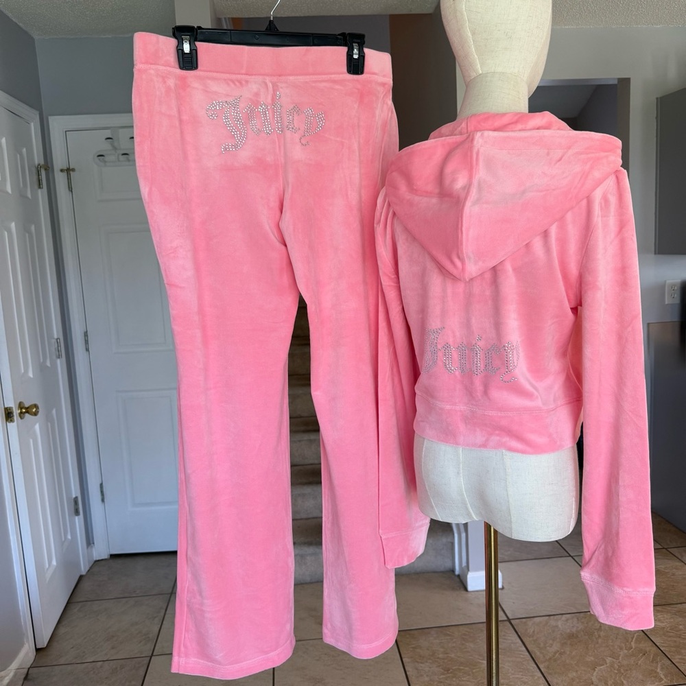 Juicy Couture Pink Velour Track Pants & Hoodie Set Rhinestone Bling Logo